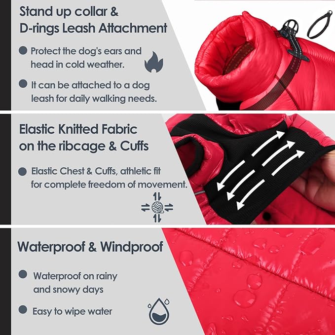 AOFITEE Dog Coat, Waterproof Dog Jacket for Winter, Warm Fullbody Dogs Snowsuit, Winter Coat for Small Dogs, Zip Up Pet Puffer Jacket Fleece Vest, Outdoor Reflective Pet Coats, Christmas Red, Medium