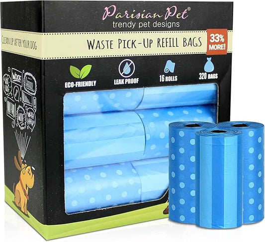 Parisian Pet Ecofriendly Dog Poop Bags Rolls - 320 Count Unscented Poop Bags For Dogs - Leakproof, Extra Thick, 16 Dog Waste Bags Refill Rolls - Stripes Dots Blue Doggie Poop Bags