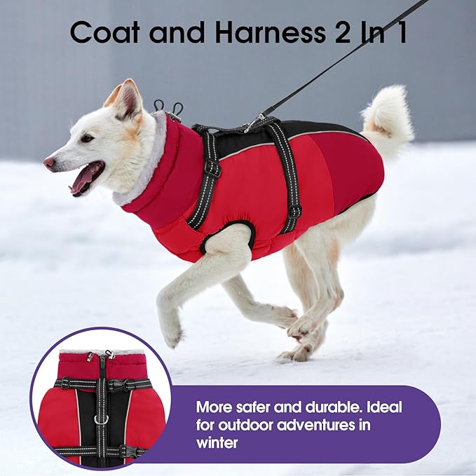 SUNFURA Dog Coat, Warm Dog Jacket with Harness Built in, Waterproof Pet Winter Coat Snowsuit with Zipper, Reflective Fleece Jacket for Extra Large Dogs, Weimaraner, Red XXL