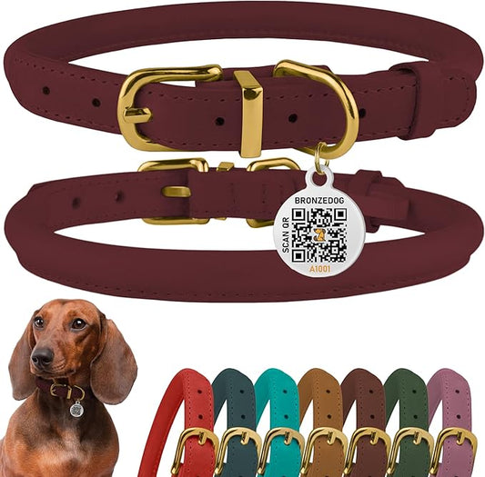 BronzeDog Rolled Leather Dog Collar with QR ID Tag, Adjustable Soft Round Collars for Small Medium Large Dogs Puppy (11" - 14 1/2" Neck Size, Burgundy)