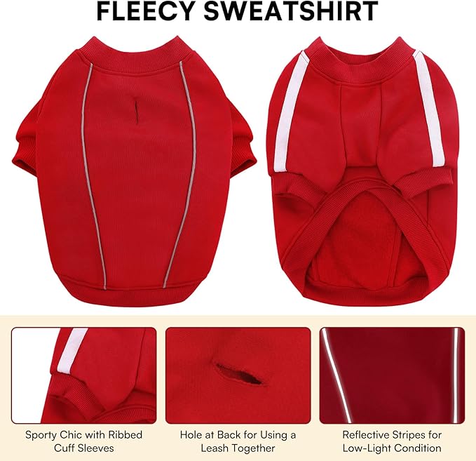 Queenmore XXL Christmas Dog Sweater, Cozy Fleece Dog Sweatshirt, Warm Winter Fleece Jacket for Small, Medium & Large Dogs with Leash Hole/Reflective Stripes Red