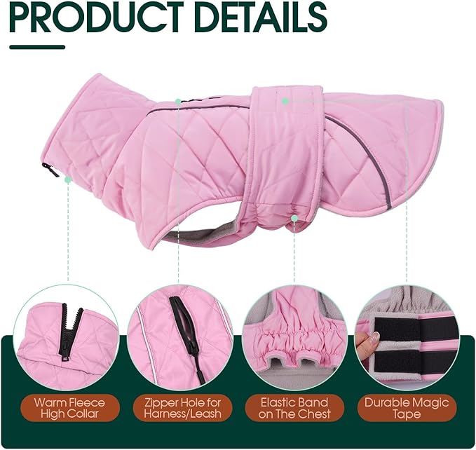 Kuoser Dog Coat, Super-Warm Dog Jacket Windproof Dogs Cold Weather Coats for Extra Large Dogs, Fleece Lining Turtleneck Puppy Snowsuit Reflective Adjustable Pet Winter Clothes Christmas, Pink 3XL
