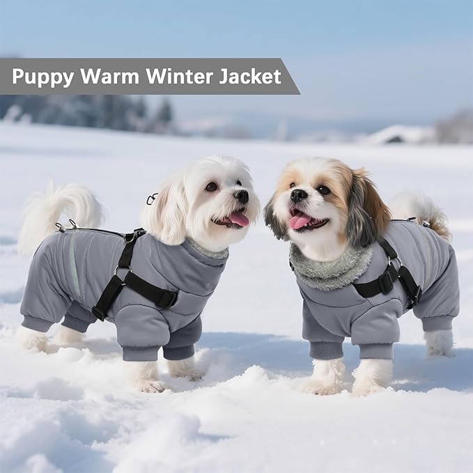 BRKURLEG Grey Dog Winter Coat, Cozy Winter Dog Jackets, Small Dogs Coat with Harness, Onesie Body Warm Puppy Jacket, Pet Reflective Windproof Cold Weather Jackets, Puppy Four-Legged Puffer Coats, M