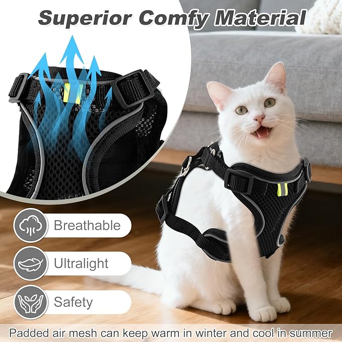 Kitten Cat Harness and Leash Set, Escape Proof Soft 4-Adjustable Cat Walking Vest Harness, Reflective Strips in Harness for Kitty Puppy Bunny Car Travel, with Car Seatbelt Leash (Black, M)