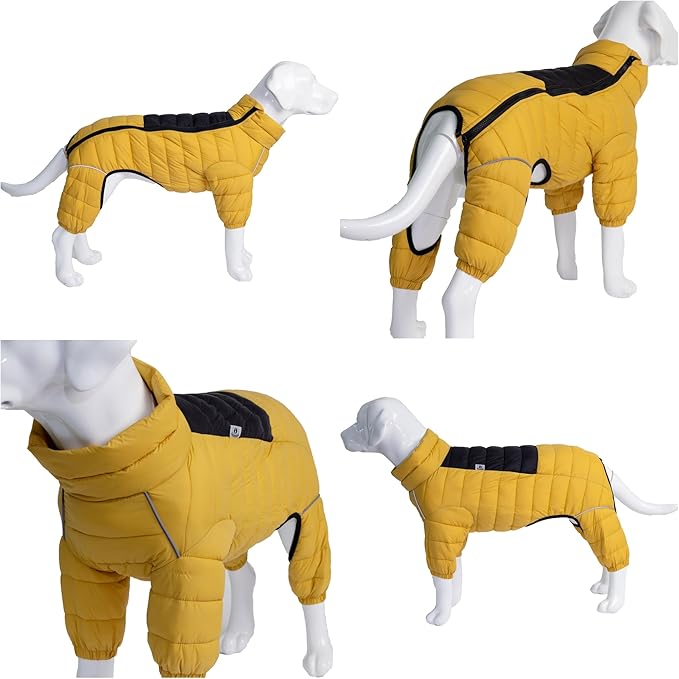 Lovelonglong Warm Jacket - 4 Legs Covered Waterproof Windproof Reflective Vest, Zippered Adjustable Outdoor Snow Jacket for Small Medium Large Dogs, Yellow L