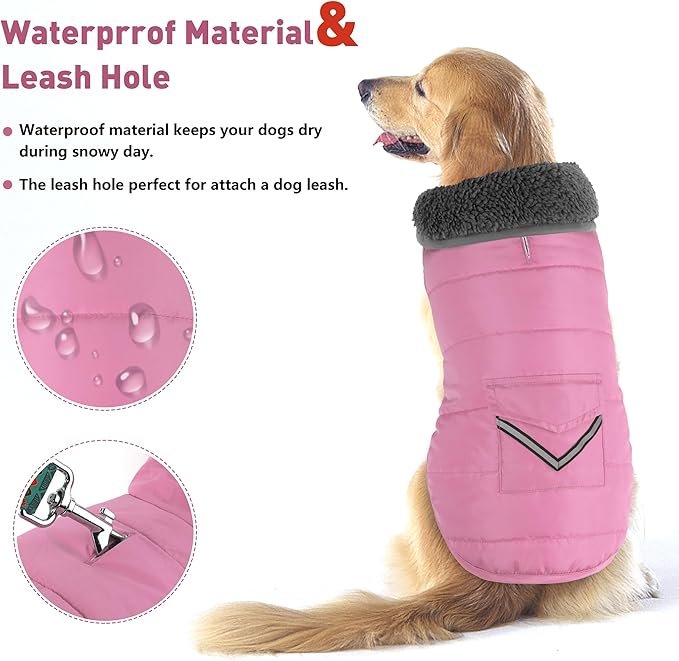 Dog Coat, Waterproof Dog Winter Jacket with Pocket, Reflective Adjustable Pet Snow Vest, Warm Cozy Fleece Sweater for Small Medium Extra Large Dogs - Light Pink, XL