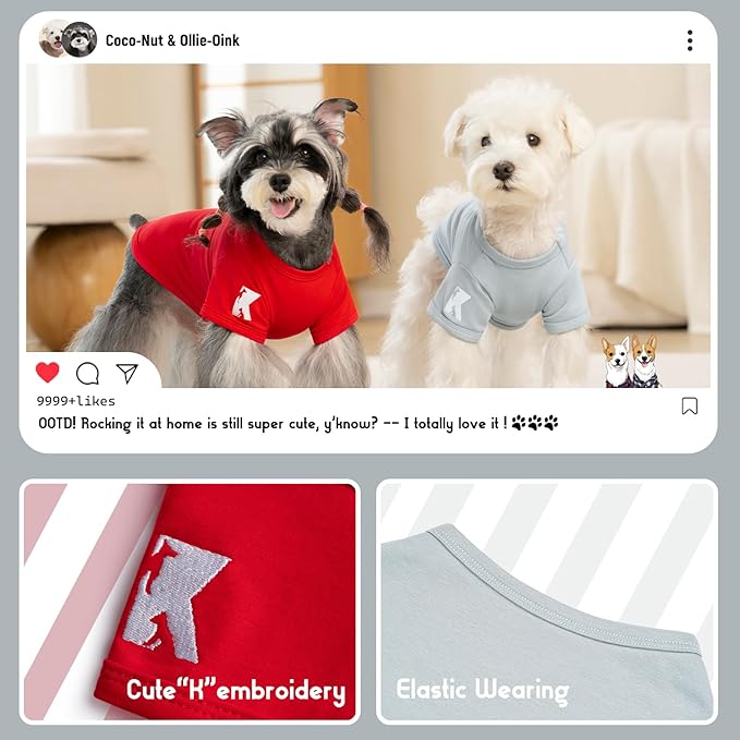 Koneseve Dog Shirt Breathable Cotton Stretchy Soft for Small Pets 2-Pack Sunny Red & Smoky Blue XL