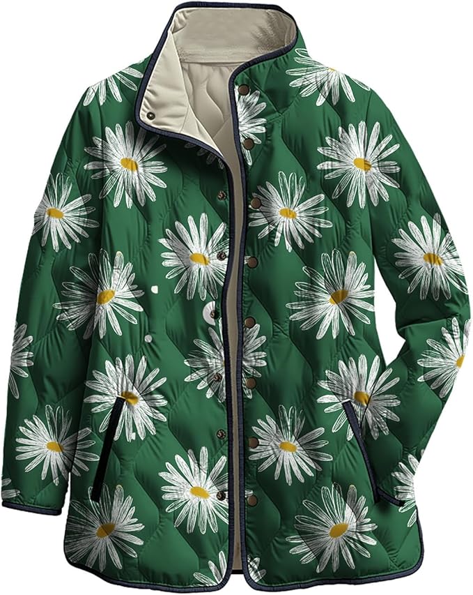 LIZALIG Women's Cropped Puffer Jacket Lightweight Floral Print Long Sleeve Padded Quilted Puffy Cardigan Coat