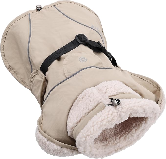 Adjustable Dog Coat with Harness Slot, Waterproof Fleece Lined Winter Jacket, Windproof Reflective Pet Vest for Cold Weather for Small Medium Large Dogs (Beige, X-Large)