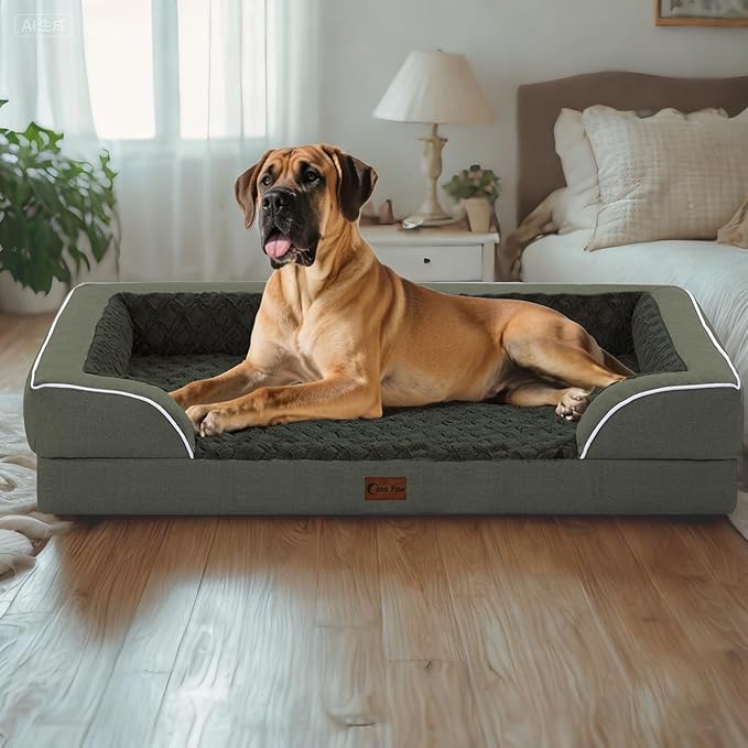 Orthopedic Dog Beds for Large Sized Dogs, Waterproof Memory Foam Large Pet Bed with Sides 36x27Inch, Non-Slip and Egg-Crate Foam Big Dog Couch Bed with Removable Washable Cover, Dark Green