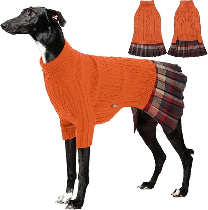 IECOii Girl Dog Sweater Dress - Cable Knit Dog Sweater for Medium Dogs Girl, Orange, Large - Turtleneck Winter Sweaters with Leash Hole, Soft & Stretchy Adorable Dress for Thanksgiving Christmas Photo