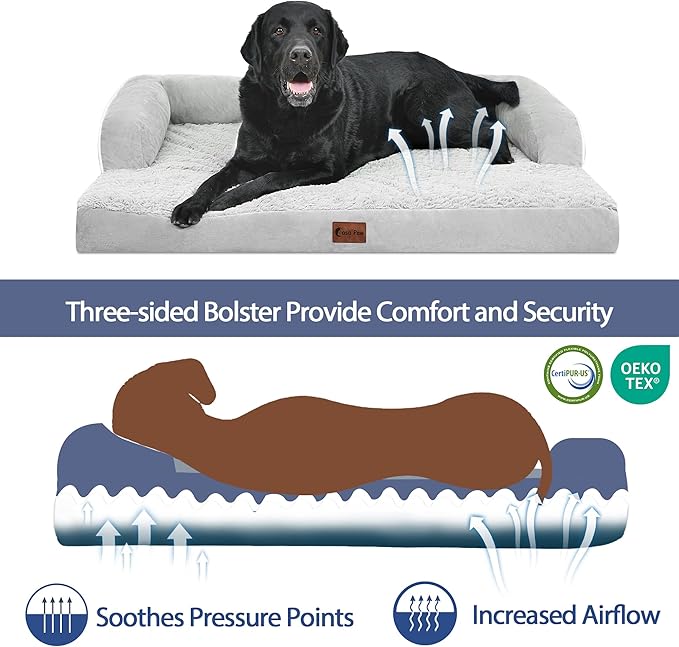 Orthopedic Dog Beds for Large Sized Dogs, Waterproof Egg Crate Foam Large Dog Couch Beds with Comfy Bolster 36x27Inch, Washable Pet Beds with Removable Cover and Nonskid Bottom, Grey White