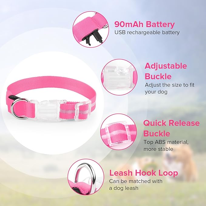 Light Up Dog Collar, Adjustable USB Rechargeable Glow in Dark Dog Collar ，Waterproof Dog Collars for Small Dogs (Pink, Small)