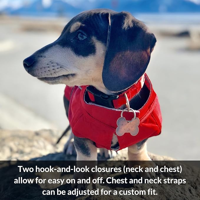 DJANGO Dog Jacket & Raincoat – Lightweight Water-Resistant Coat for Small, Medium & Long Dogs Like Dachshunds – Reflective, Adjustable Fit, Harness-Compatible & Easy-Access Harness Hole - Red, Small