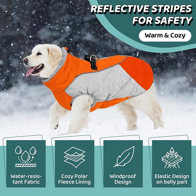 AOFITEE Dog Winter Coat, Dog Coat for Large Dogs, Reflective Large Dogs Jacket with Harness Built in and Fleece Lined, Waterproof Pet Winter Jacket Warm Snowsuit for Cold Weather, Orange XXL