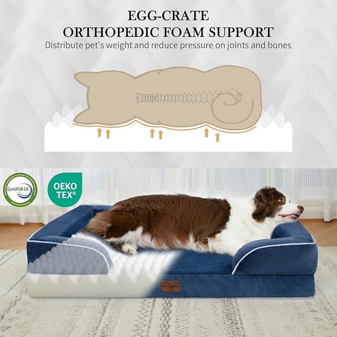 Comfort Expression Orthopedic Dog Bed for Large Dogs 38x25 Inch, Waterproof Supportive Egg Crate Foam Large Pet Bed with Removable Bolsters, Dog Couch with Washable Cover & Non-Slip Bottom, Navy Blue