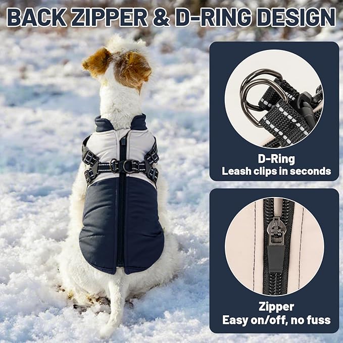 Dog Winter Coat for Small & Medium Dogs (Up to 31lb), Waterproof Dog Coat with Harness, Puppies Windproof Puppy Puffer Jacket, Snowsuit for Dachshund,Frenchie, Corgi (Classic Blue, Small)