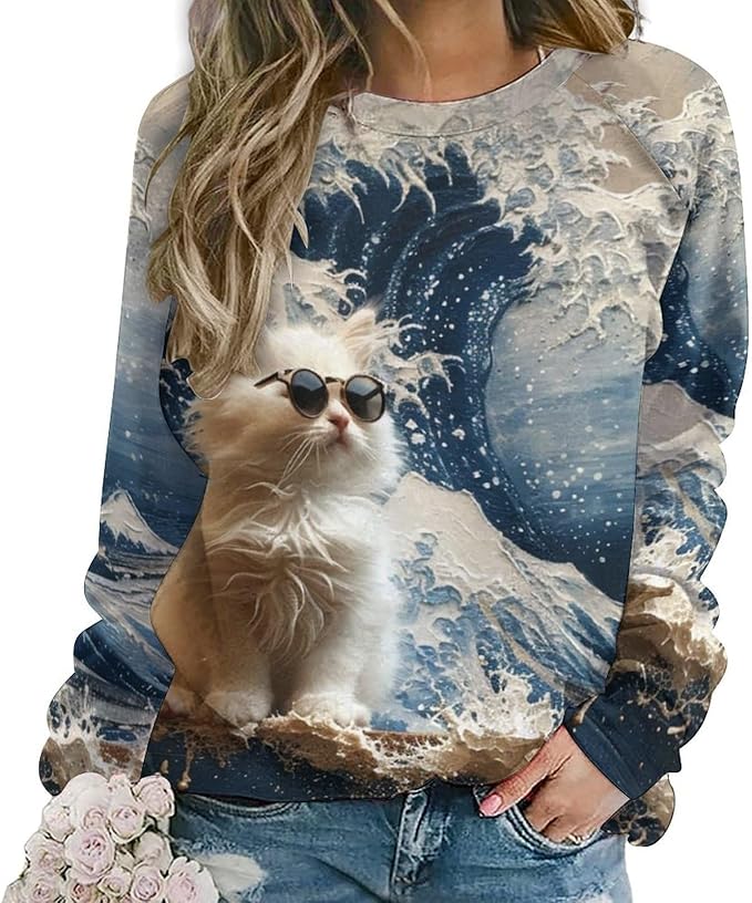 Long Sleeve Shirts for Women Cat Oil Painting Shirt 3D Graphic Sweatshirts Fall Pullover Crewneck Vintage Boho Tops