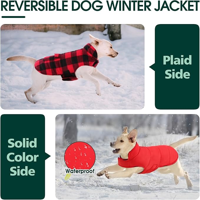 Kuoser Dog Winter Coat, Windproof Dog Fleece Jacket British Style Plaid Cold Weather Doggie Vest Coats, Reversible Cozy Warm Pet Clothes Apparel for Large Size Dogs L