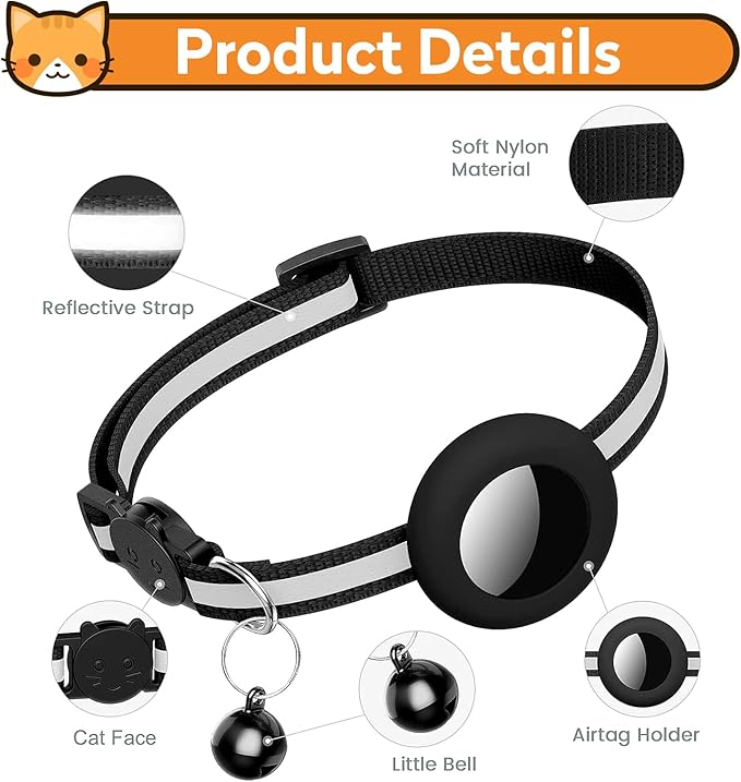 Airtag Cat Collar with Bell, Reflective Nylon Kitten Collar with Apple Air Tag Holder and Breakaway Safety Buckle for Puppy Girl Boy Cats, 3/8" in Width and Lightweight, Green