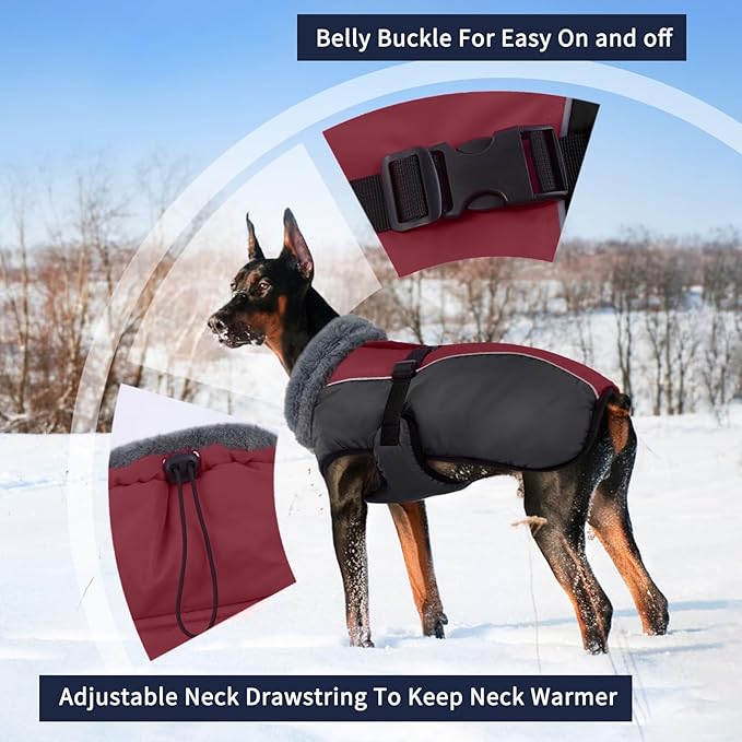 IECOii Extra Warm Dog Jackets for Large Dogs, Insulated Thermal Fleece Vest for Winter, Waterproof Reflective XL Dog Coat with Fur Collar, Windproof Cold Weater Clothes with Leash Hole, Burgundy, XL