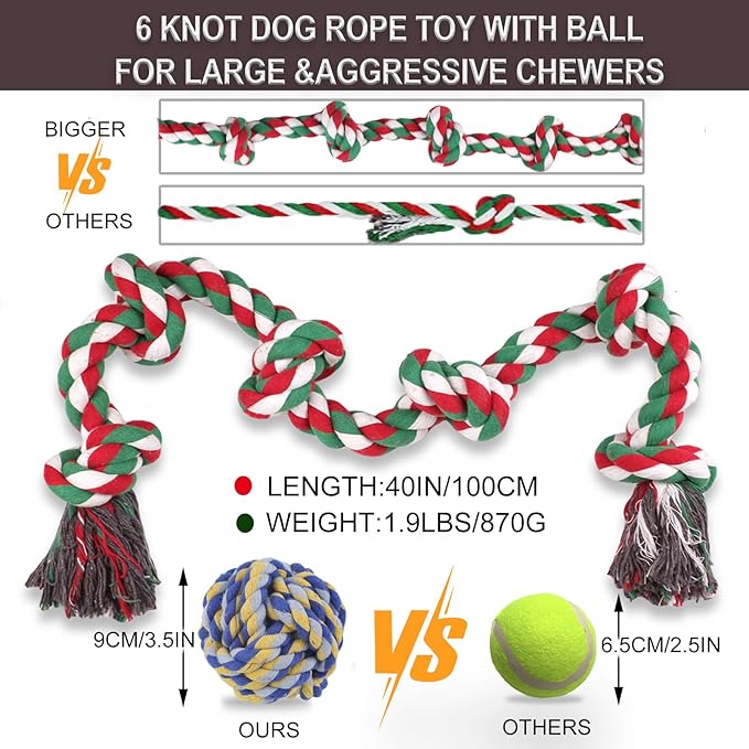 Rope Toys for Dogs Aggressive Chewers, Tug Toys for Large Dogs 40In 6 Knots Dog Tug of War Rope with Ball, Indestructible Giant Dog Toys Bulk Chew Toys for Teething Pet Playing Training