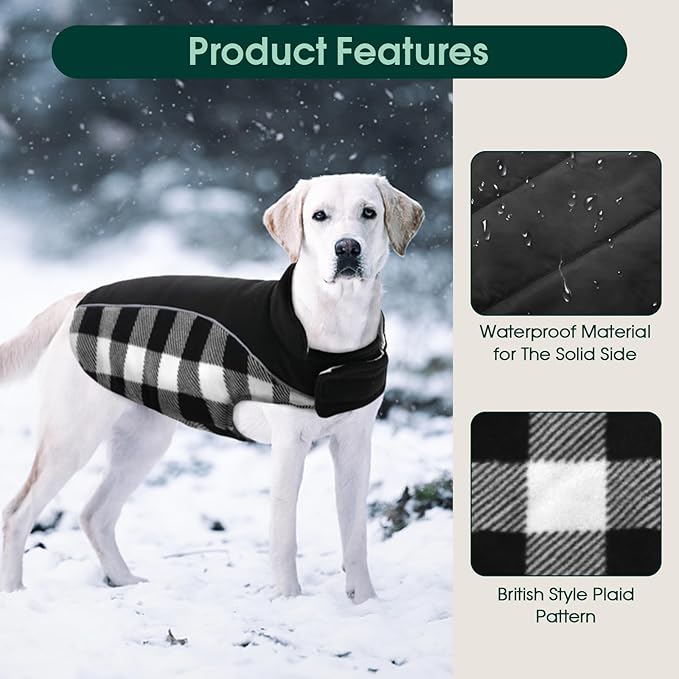 Kuoser Dog Winter Coat, Reversible Waterproof Dog Jacket with Reflective Strip, Warm Dogs Fleece Vest Adjustable Doggy Cold Weather Clothes Plaid Christmas Outfit Pet Apparel for Small Dogs, Black S
