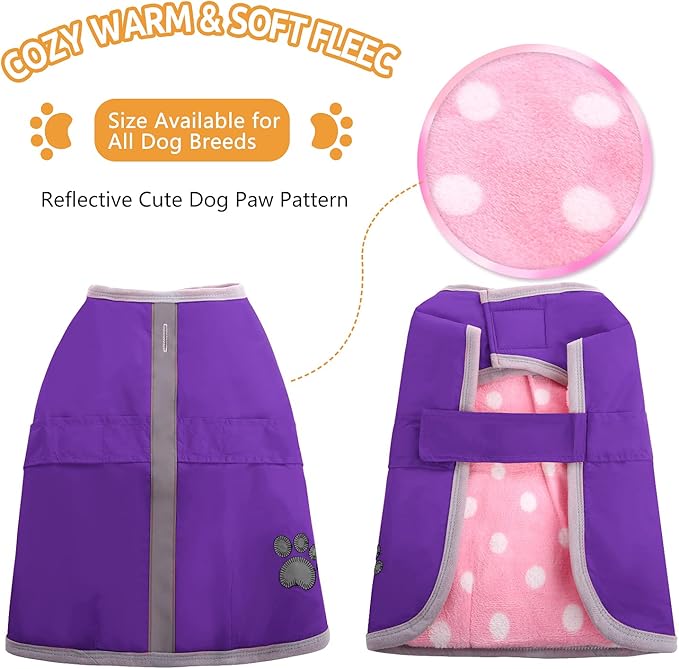 Queenmore Dog Winter Coat, Cold Weather Fleece Jacket for Dogs, Waterproof Reflective Reversible, for Small, Medium and Large Dogs (Purple, XL)