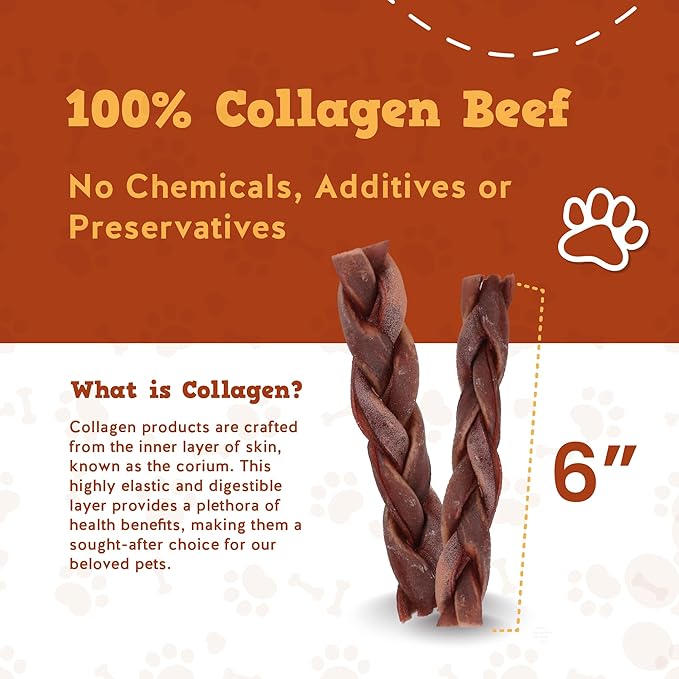 Jack&Pup 6 inch Braided Beef Collagen Sticks, Rawhide Free, Long Lasting Dog Chews, Healthy Single Ingredient Treats for Medium Dogs, Bully Stick Alternative, Collagen Chew for Dogs. 8pk