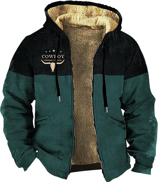 Men's Western Aztec Jackets Hooded Cowboy Hoodie Warm Full Zip Ethnic Vintage Long Sleeve Coat Fall Winter Tops