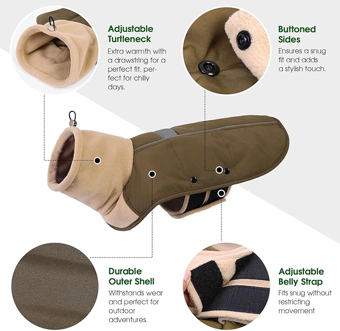 ASENKU Dog Coat, Dog Winter Jackets with Fleece Turtleneck, Windproof, Reflective Pet Snow Jacket for Cold Weather, Coats for Medium Dogs, Army Green, L
