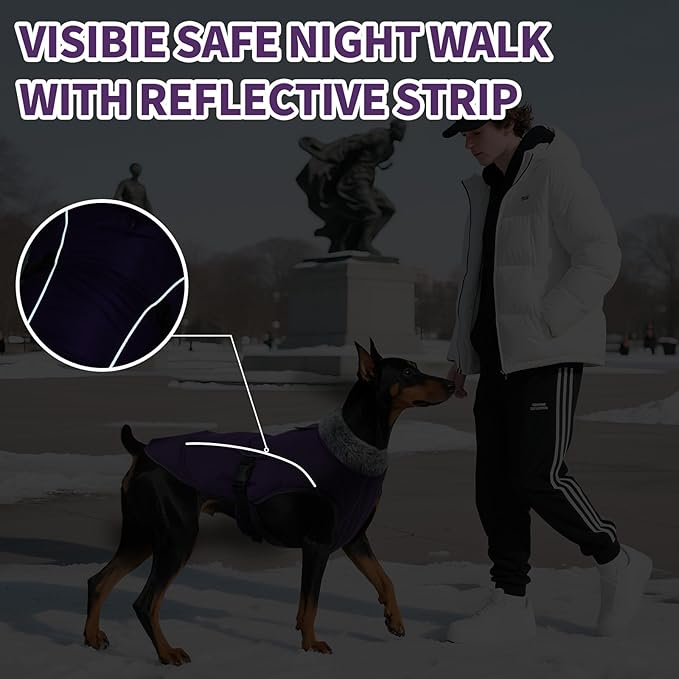 DENTRUN Large Dog Winter Coat - Windproof Reflective Warm Coat, Adjustable Neck & Snap Closure, Water Repellent Thick Fleece Vest, Fleece Lined for for Golden Retriever, Purple, XL