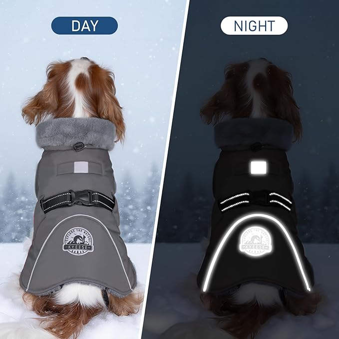 KYEESE Waterproof Dog Coat, Windproof Warm Winter Jacket with Thick Fleece Lined, Turtleneck Dog Coats for Small Dogs with Leash Hole, Reflective Outdoor Cold Weather Coat, Gray, Medium