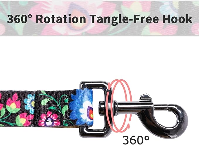 Ihoming Dog Collar and Leash Set for Daily Outdoor Walking Running Training, Black Colorful Flowers Design for Small Boys Girls Dogs Cats Pets, S-Up to 20LBS