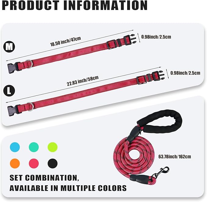 Nylon Dog Leash for Medium Large Dogs, 5-FTReflective Heavy Duty Leash with Comfortable Handle & Poop Bag Dispenser Ring, 1/2 Inch Wide, Secure Reinforcement for Walking (Red, M)
