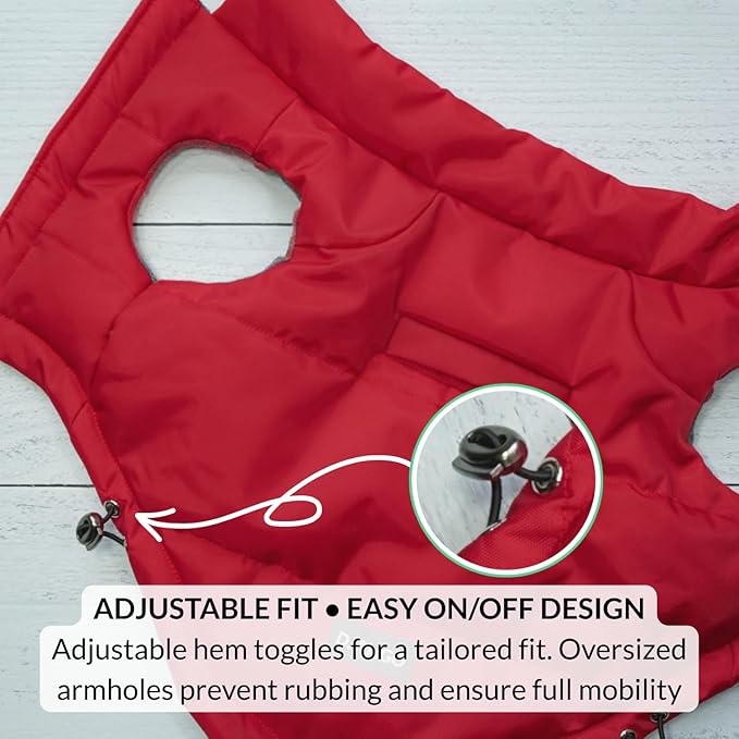 DJANGO Reversible Puffer Dog Coat – Warm Winter Dog Jacket & Water-Repellent Insulated Dog Coat with Harness Hole, Windproof, Adjustable Fit for Small & Medium Dogs, Dachshunds – Lava Red, X-Small