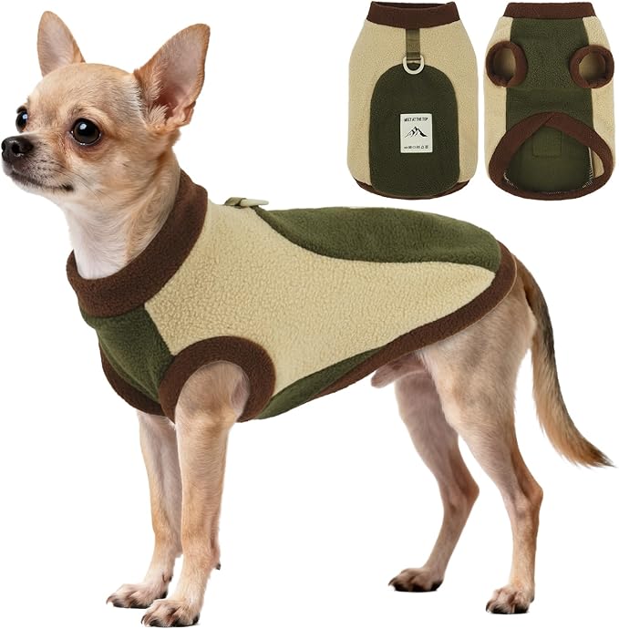 Dog Fleece Sweater,Winter & Fall, Dog Vest with Leash Ring, Warm Soft Coats for Small Dogs, Stretchy & Comfortable Jackets for Walking Hiking,Running,Machine Washable,Army Green,Size S