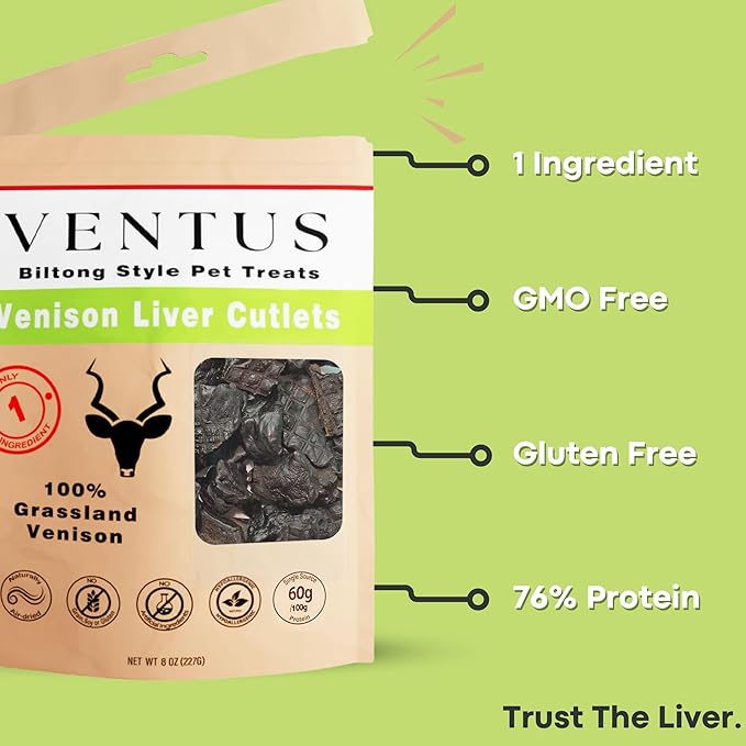 VENTUS Dog Liver Treats - Single Ingredient Venison Jerky Liver Treats, All Natural, Air Dried, Low Fat, High Value Training Treats for Dogs, Organic, 8 oz