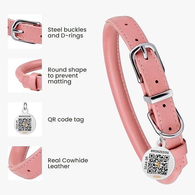 BRONZEDOG Rolled Leather Dog Collar for Small Medium Large Dogs with QR ID Tag (S: 12-14 Inch, Powder Pink)