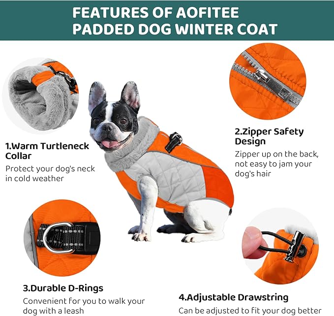 AOFITEE Dog Coat, Dog Winter Jacket, Reflective Dogs Jacket with Harness Built in and Fleece Lined, Waterproof Pet Winter Jacket Puffer Jacket for Small Medium Large Dogs, Orange XL