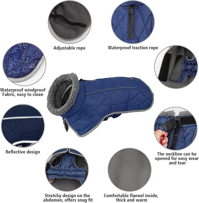 Fragralley Dog Coat Small, Waterproof Dog Jacket with Warm Fleece Lining, Adjustable Reflective Dogs Winter Coat, Turtleneck Pet Coats for Cold Weather (Blue S)