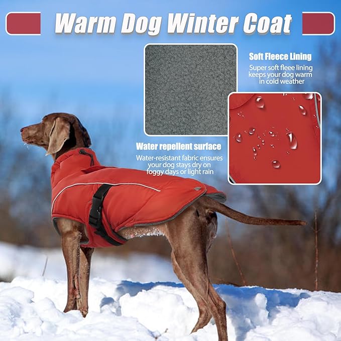 DENTRUN Large Dog Coat - Thick Fleece Lined Reflective Winter Jacket, Snap Closure & Leash Hole, Warm Thick Fleece Lined, Plush Turtleneck Vest for German Shepherd, Red, XXL
