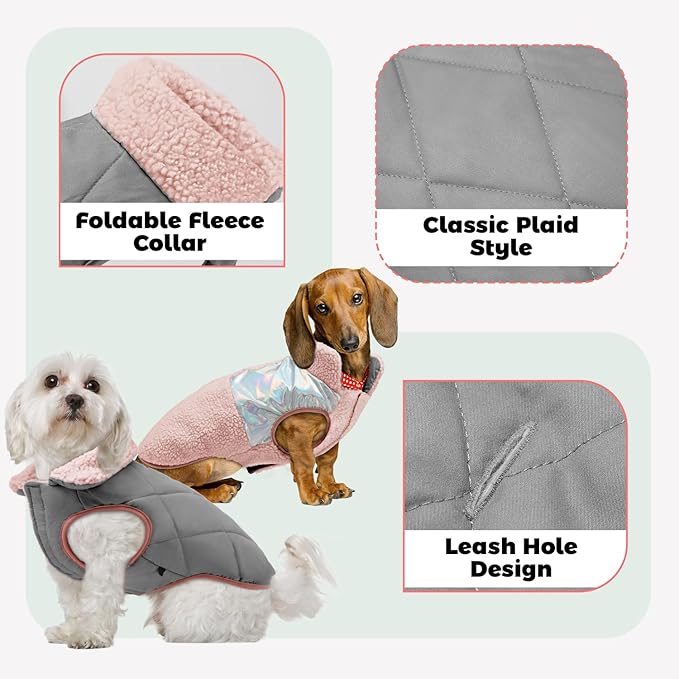 EMUST Dog Jacket, Warm Reversible Dog Winter Coat with Fleece Lining, Thick Plush Puppy Coats, Pink, XL