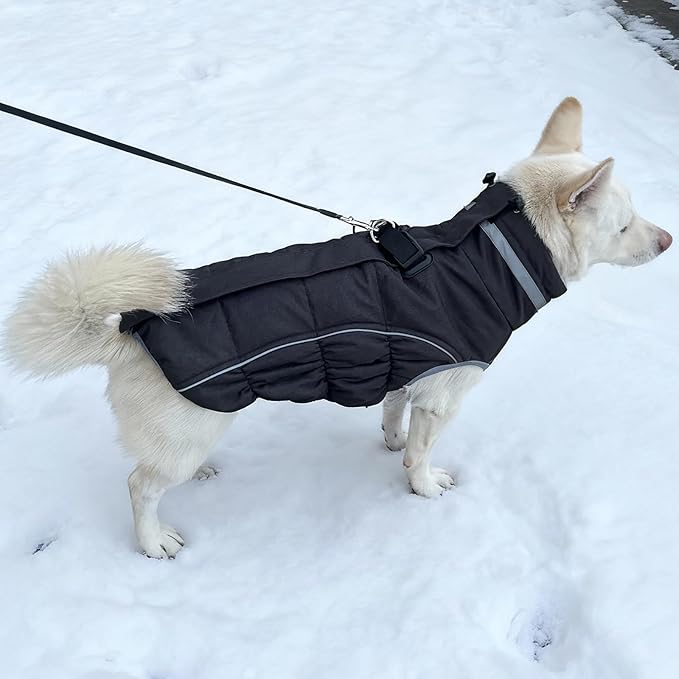 Malier Dog Coat, Reflective Dog Jacket Waterproof Windproof Puppy Cold Weather Coats with Harness Built in, Winter Extra Warm Pet Coat Fleece Vest for Small Large Pets and Puppy (Black, X-Large)