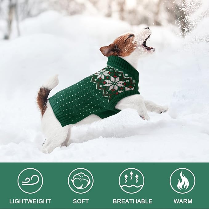 Kuoser Dog Sweater, Holiday Christmas Snowflake Pet Warm Knitwear Dog Sweaters Soft Puppy Clothing, Doggie Turtleneck Cold Weather Outfit Pullover for Small Medium Large Dogs Cats, Green 2XL