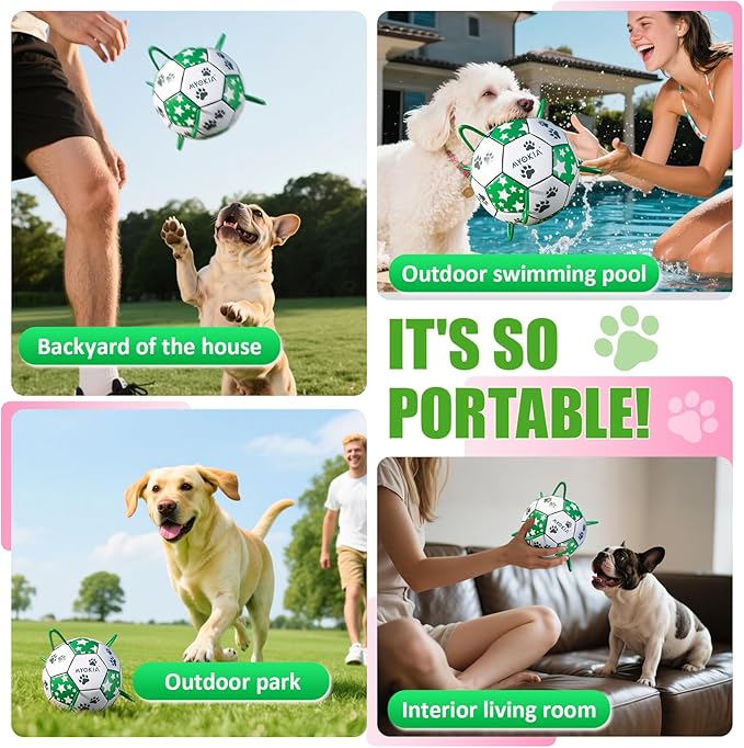 Size 3 Interactive Dog Football with Strap, White & Green, Eye-Catching Star and Paw Print Design, Ideal Outdoor Training Pet Toy, Perfect Choice for Medium & Large Dogs' Playtime