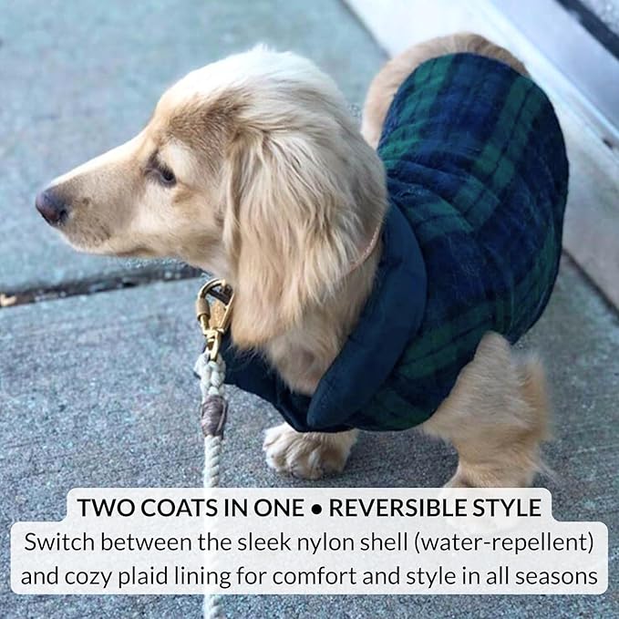 DJANGO Reversible Puffer Dog Coat – Warm Winter Dog Jacket & Water-Repellent Insulated Dog Coat w/Harness Hole, Windproof, Adjustable Fit for Small & Medium Dogs, Dachshunds – Twilight Blue, Small