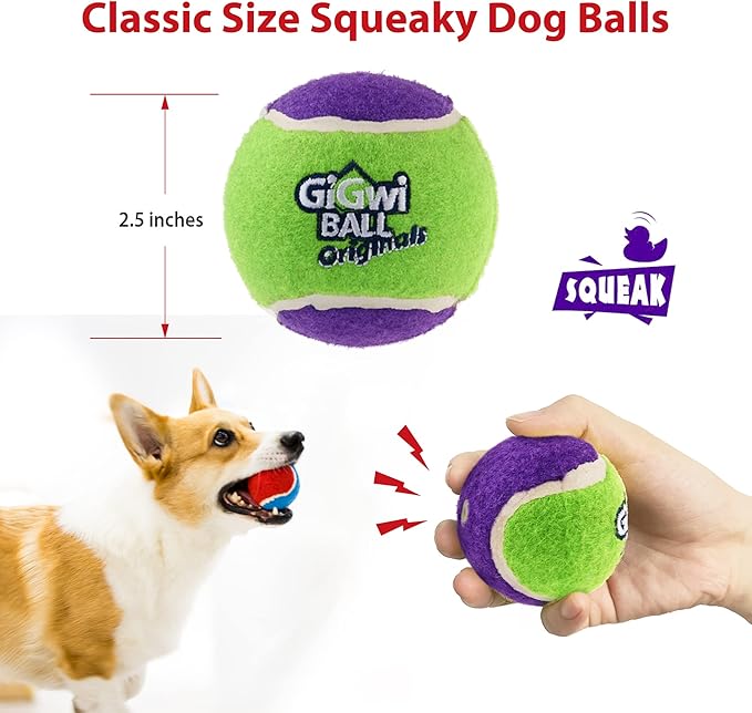 Gigwi Tennis Balls for Dogs, Squeaky Dog Tennis Balls for Exercise, High Bouncy Pet Ball Bright Colors 2.5 Inches, Interactive Funny Dog Toys for All Breeds of Dogs Indoor & Outdoor Dog Games, 3 Pack