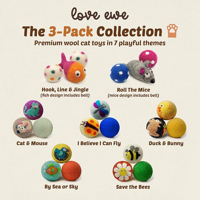 Hustle & Blush Wool Felt Balls - 3 Pack Love Ewe Pet Supplies – 2in Colorful & Durable Cat Toys Handmade from New Zealand, Ideal for Indoor Play and Mental Stimulation – Duck & Bunny Design