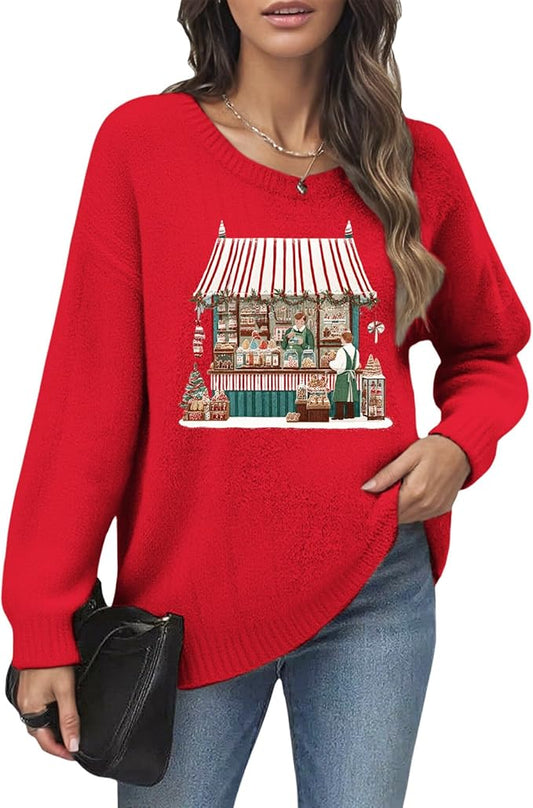 Women's Red Christmas Sweater - Festive Cartoon Patterns, Cozy Knit for Holiday Parties & Gatherings